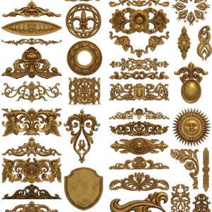 May include: A collection of ornate, gold-colored decorative elements. The image features various designs, including floral patterns, fleur-de-lis, and sun-faced medallions. These detailed carvings are likely for architectural or craft projects.