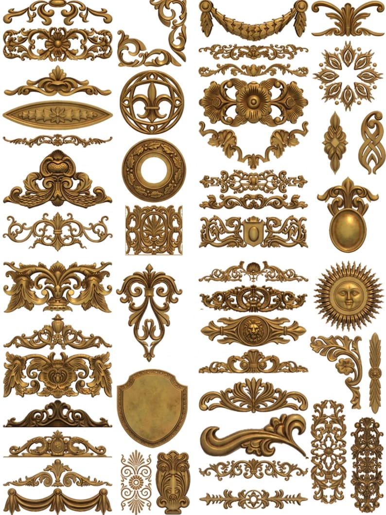 May include: A collection of ornate, gold-colored decorative elements. The image features various designs, including floral patterns, fleur-de-lis, and sun-faced medallions. These detailed carvings are likely for architectural or craft projects.