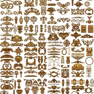 May include: A collection of ornate, golden-colored decorative elements. The image showcases a variety of designs, including scrolls, floral motifs, and symmetrical patterns. These elements are likely used for embellishing furniture, frames, or architectural details.