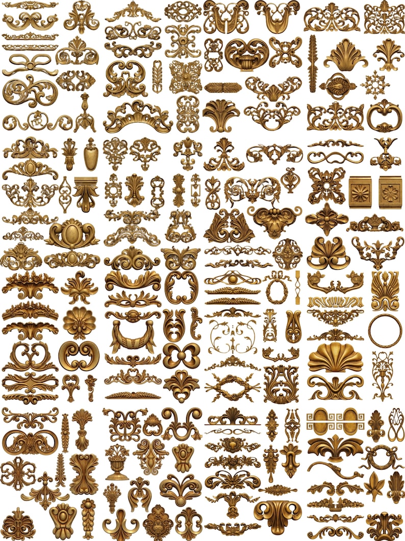 May include: A collection of ornate, golden-colored decorative elements. The image showcases a variety of designs, including scrolls, floral motifs, and symmetrical patterns. These elements are likely used for embellishing furniture, frames, or architectural details.