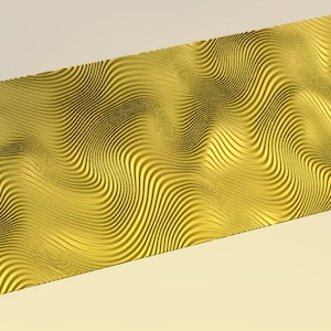 May include: A gold-colored, rectangular panel with a wavy, textured surface. The design features a series of parallel, curved lines that create a rippled effect. The panel is set against a light beige and light blue background.
