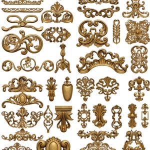 May include: A collection of ornate, gold-colored decorative elements. The image showcases various designs, including scrolls, floral motifs, and symmetrical patterns. These vintage-style embellishments are likely for crafting or interior design projects.