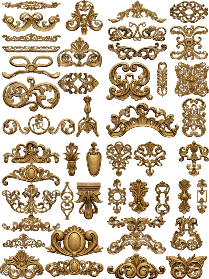May include: A collection of ornate, gold-colored decorative elements. The image showcases various designs, including scrolls, floral motifs, and symmetrical patterns. These vintage-style embellishments are likely for crafting or interior design projects.