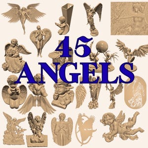 Könnte beinhalten: Eine Sammlung von 45 beigefarbenen digitalen 3D-Modellen von Engeln in verschiedenen Posen, darunter Putten, geflügelte Figuren und Reliefs. Der Text 45 ANGELS ist in großen blauen Buchstaben in der Mitte des Bildes zu sehen.