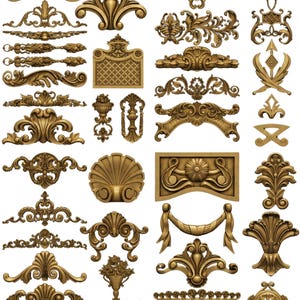 May include: A collection of ornate, gold-colored decorative elements, including scrolls, floral designs, and symmetrical patterns. The image showcases various sizes and styles of architectural embellishments, suitable for interior design or craft projects.