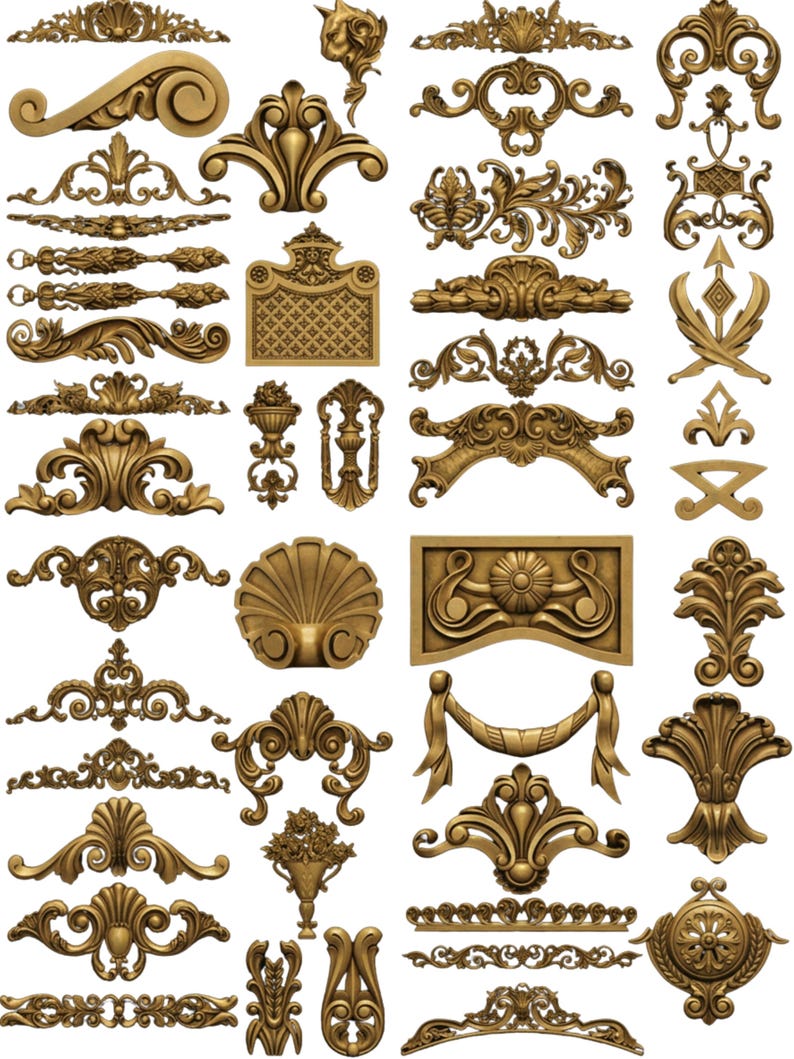 May include: A collection of ornate, gold-colored decorative elements, including scrolls, floral designs, and symmetrical patterns. The image showcases various sizes and styles of architectural embellishments, suitable for interior design or craft projects.