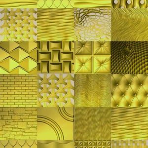 Op de afbeelding: Een verzameling van vierentwintig vierkante panelen met diverse goudkleurige texturen en geometrische patronen, waaronder baksteen, schubben, golven, gecapitonneerde bekleding en rasterontwerpen, gerangschikt in een raster voor decoratieve wanden.