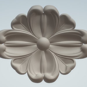 K&ouml;nnte beinhalten: Eine wei&szlig;e, dekorative Deckenrosette in Form einer Blume mit einem erhabenen Zentrum und acht Bl&uuml;tenbl&auml;ttern.