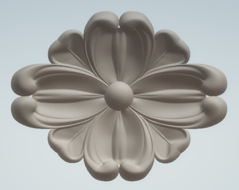 K&ouml;nnte beinhalten: Eine wei&szlig;e, dekorative Deckenrosette in Form einer Blume mit einem erhabenen Zentrum und acht Bl&uuml;tenbl&auml;ttern.