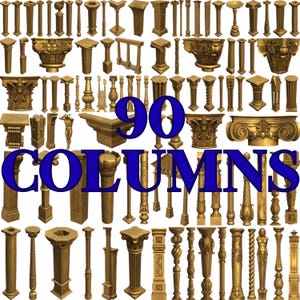 Collezione di 90 colonne in formato 3D STL per fresatrice CNC, pilastri dell'architettura greca e romana antica, decorazioni architettoniche, download digitale.