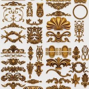 May include: A collection of ornate, gold-colored decorative elements, including scrolls, floral designs, and geometric shapes. The elements vary in size and style, suitable for interior design or craft projects. The pieces are arranged on a white background.