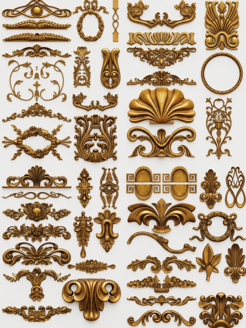 May include: A collection of ornate, gold-colored decorative elements, including scrolls, floral designs, and geometric shapes. The elements vary in size and style, suitable for interior design or craft projects. The pieces are arranged on a white background.