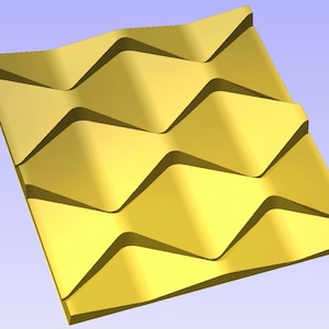 May include: A golden-yellow, geometric, three-dimensional design with a repeating wave pattern. The object has a square shape and is set against a light blue background. The design features sharp angles and curved edges.