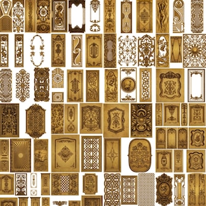 May include: A collection of rectangular panels featuring intricate gold-toned relief carvings with diverse patterns, including floral motifs, geometric lattices, scrollwork, and figurative designs, arranged in a grid on a white background.