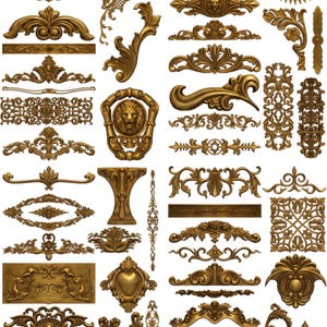May include: A collection of ornate, golden decorative elements. The image features various designs, including floral patterns, lion head medallions, and sunburst motifs. These detailed embellishments are suitable for crafting or interior design projects.