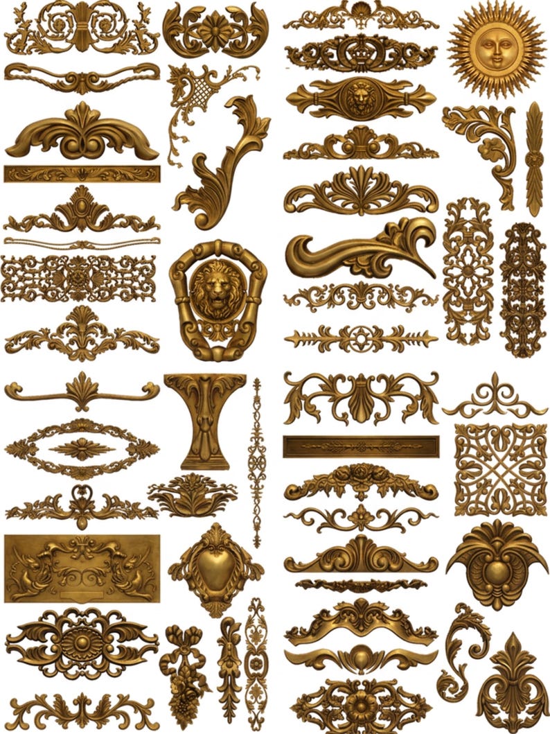 May include: A collection of ornate, golden decorative elements. The image features various designs, including floral patterns, lion head medallions, and sunburst motifs. These detailed embellishments are suitable for crafting or interior design projects.
