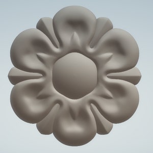 K&ouml;nnte beinhalten: Ein graues, 3D-gedrucktes, blumenf&ouml;rmiges Design mit acht Bl&uuml;tenbl&auml;ttern. Die Mitte der Blume ist ein Kreis mit einer leicht erhabenen, strukturierten Oberfl&auml;che.
