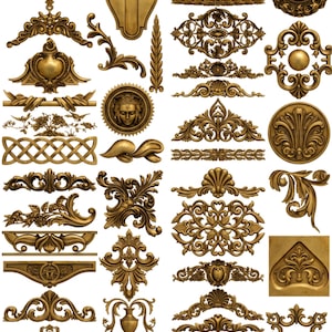 Puede incluir: Una colección de elementos decorativos dorados y ornamentados. La imagen muestra varios diseños, incluyendo patrones florales, medallones y volutas simétricas. Estos detalles son adecuados para proyectos arquitectónicos o de artesanía.