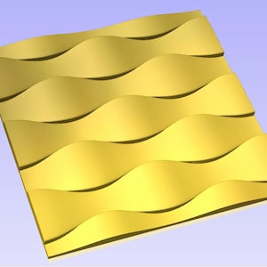 May include: A golden-yellow, wave-patterned wall panel. The panel is square and features a series of undulating, horizontal curves across its surface. The design creates a sense of depth and texture, suitable for interior decor.