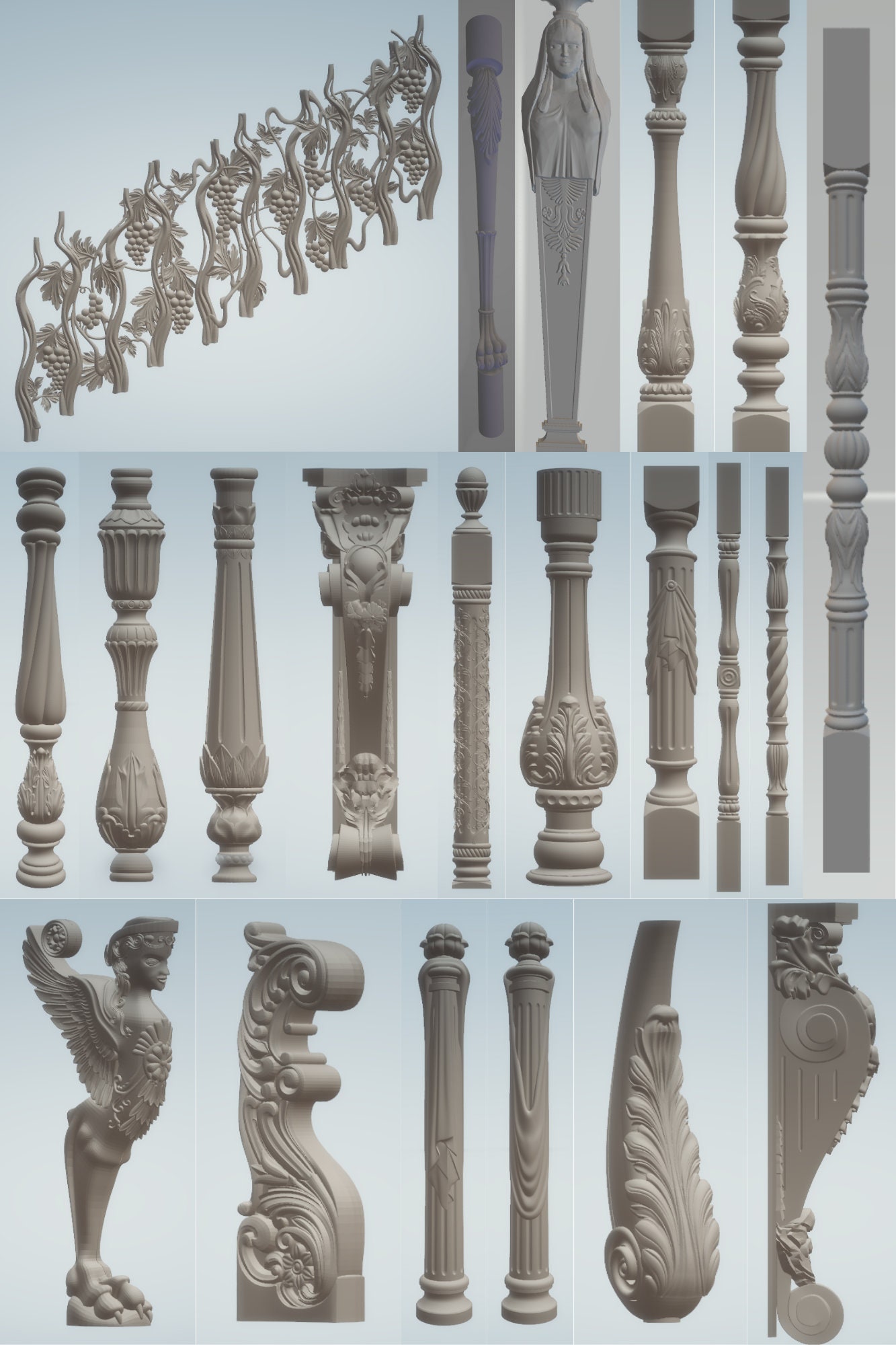 3D STL Models Pillars Balusters Fences 50pcs Deco for CNC Router Aspire ...