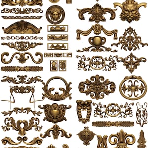 May include: A collection of ornate, gold-colored decorative elements. The image features various designs, including floral patterns, medallions, and architectural details. These elements are likely for interior design or craft projects.