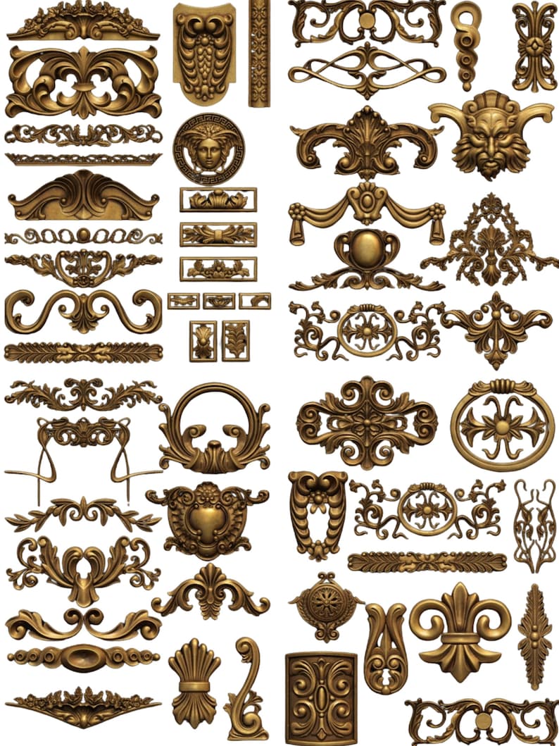 May include: A collection of ornate, gold-colored decorative elements. The image features various designs, including floral patterns, medallions, and architectural details. These elements are likely for interior design or craft projects.
