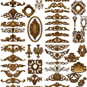 May include: A collection of ornate, golden-brown decorative elements. The image features various scrollwork, floral, and shell-shaped designs, including frames, borders, and individual embellishments. These elements are likely for interior design or craft projects.
