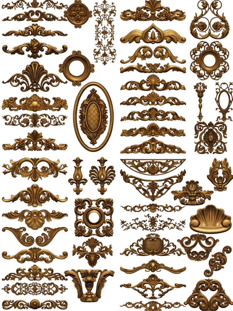 May include: A collection of ornate, golden-brown decorative elements. The image features various scrollwork, floral, and shell-shaped designs, including frames, borders, and individual embellishments. These elements are likely for interior design or craft projects.