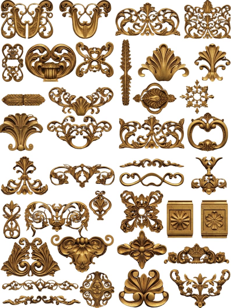 May include: A collection of ornate, gold-colored decorative architectural elements. The image showcases various designs, including floral, scrollwork, and symmetrical patterns. These elements appear to be cast or molded, with intricate details and a metallic finish.