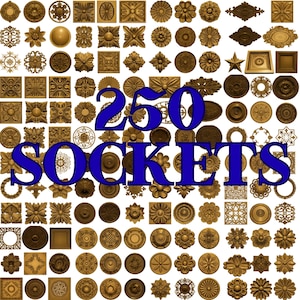 May include: A collection of 250 gold-toned decorative ceiling medallions and rosettes in various geometric, floral, and star shapes arranged in a grid. The text 250 SOCKETS is overlaid in large blue letters across the center of the image.
