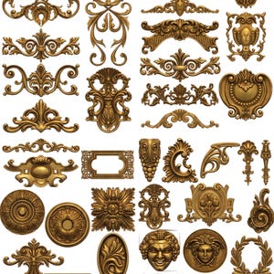Peut inclure: Une collection d'ornements architecturaux décoratifs de couleur dorée présentant des volutes complexes, des motifs floraux, des cadres géométriques et des visages sculptés. Ces pièces en relief affichent des motifs symétriques et des détails ciselés.