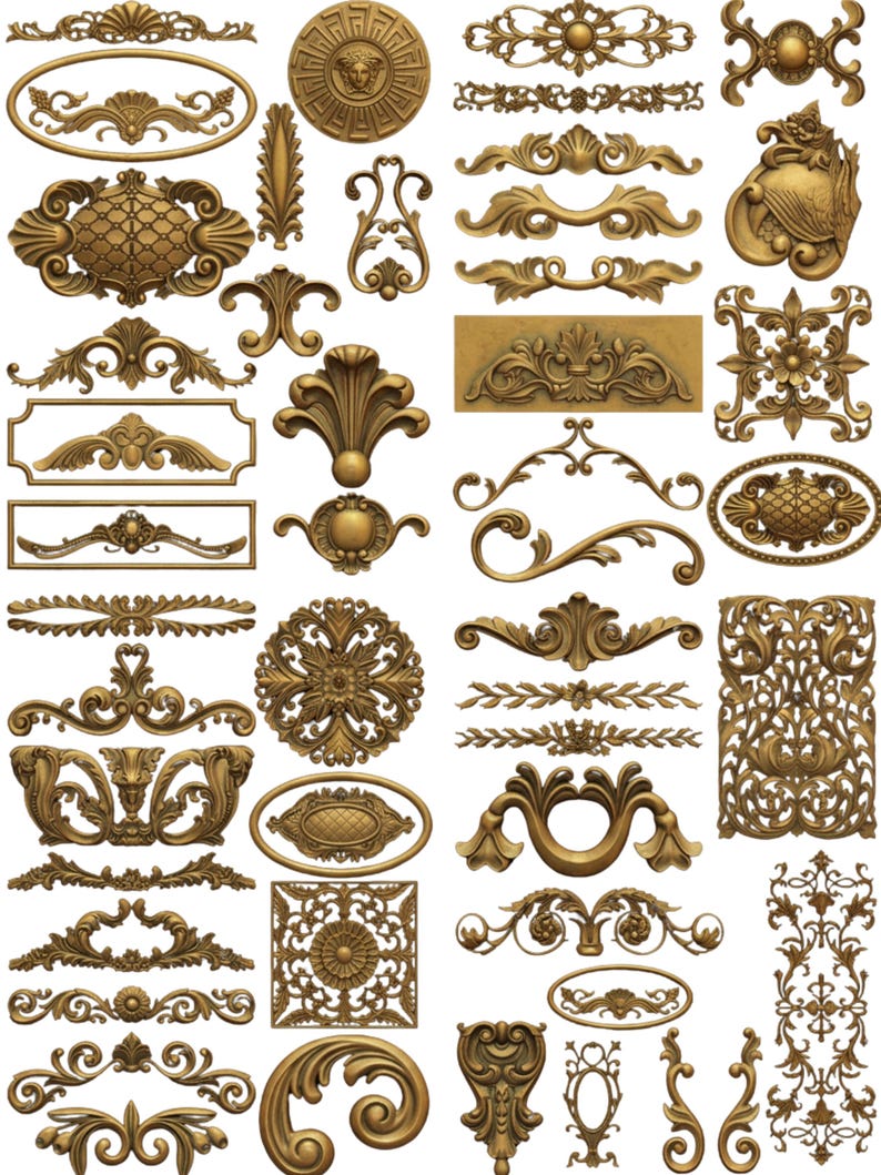 May include: A collection of ornate, gold-colored decorative elements, including medallions, floral designs, and scrollwork. The image showcases various shapes and sizes, suitable for embellishments or architectural details. The pieces have a detailed, textured appearance.