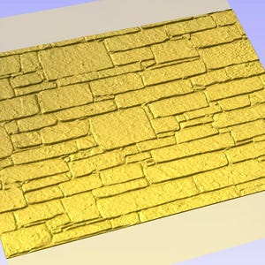 May include: A close-up view of a textured, yellow brick wall pattern. The bricks are rectangular and vary in size, creating a natural stone appearance. The wall is set against a light beige and blue background.