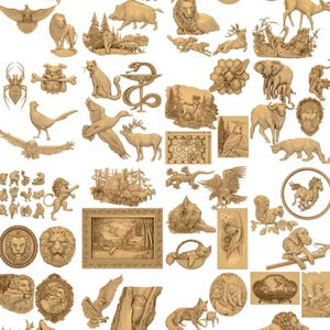 May include: A collection of intricately carved wooden relief sculptures featuring various animals, including lions, deer, eagles, and a scorpion. The carvings showcase detailed textures and naturalistic forms, with a warm, light brown color.