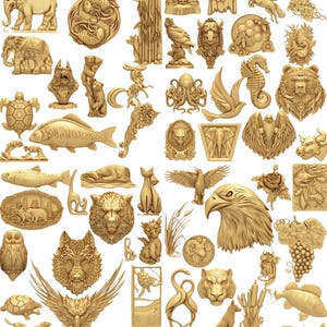 May include: A collection of intricately carved wooden sculptures featuring various animals and nature-inspired designs. The sculptures include elephants, eagles, fish, and other creatures, all in a warm, natural wood tone.