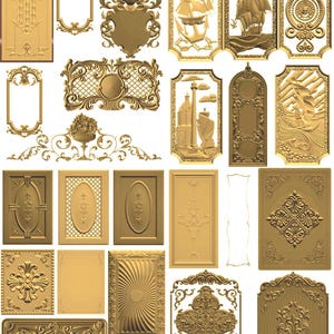 May include: A collection of gold-toned decorative panels and frames featuring intricate relief carvings. The designs include nautical motifs with ships, heraldic crests, floral patterns, geometric lattices, and ornate scrollwork in various shapes.
