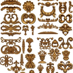 May include: A collection of ornate, gold-colored decorative elements. The image showcases various designs, including floral, scrollwork, and symmetrical patterns. These detailed embellishments are suitable for crafting, interior design, or adding a vintage touch to projects.