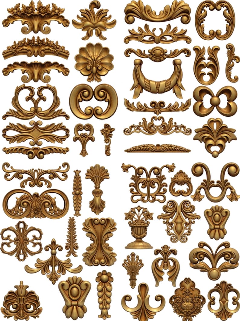 May include: A collection of ornate, gold-colored decorative elements. The image showcases various designs, including floral, scrollwork, and symmetrical patterns. These detailed embellishments are suitable for crafting, interior design, or adding a vintage touch to projects.