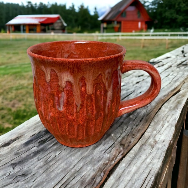 Big coffee mug Sunset red glazed pottery