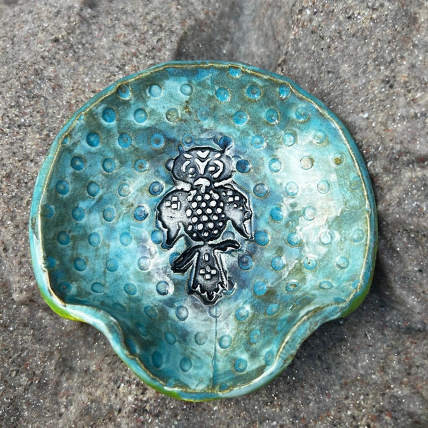 Owl lover mini ring spoon rest dish blue reactive glaze handmade pottery