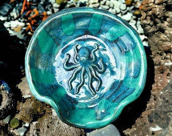 Handmade blue octopus beach pattern pottery spoon rest