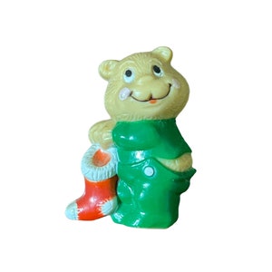Vintage 80s Russ Christmas Bear Refrigerator Magnet Stocking 2&quot; tall Pajamas
