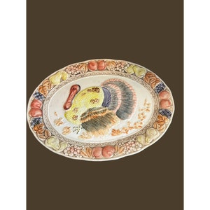 Vintage Japan Turkey Platter Tray Thanksgiving 3D Fruit Leaf Oval 19&quot; x 14&quot; READ
