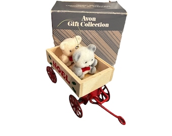 Vintage Avon Teddies in Wagon Christmas Ornament Gift Collection Flocked  Box