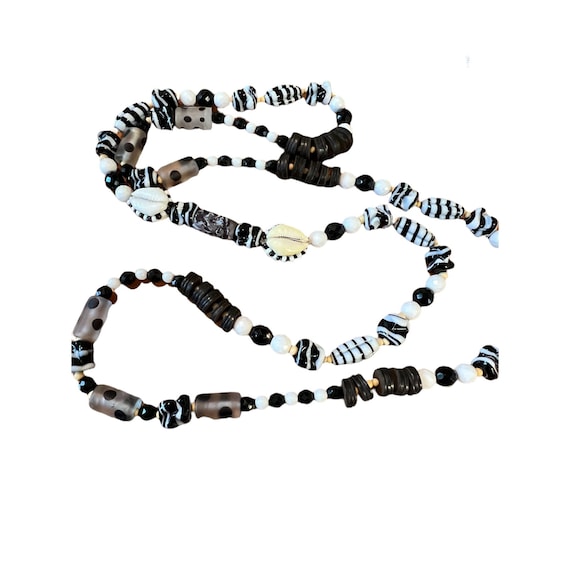 Vintage Long Glass Bead Necklace Black White Wood… - image 1