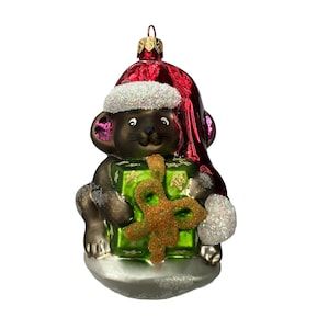 Vintage Christopher Radko Ornament Mouse Holding Present Santa Hat Retired