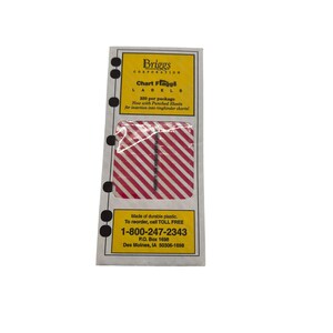 May include: A yellow and red package of 250 Chart Flaggs labels. The labels are red and white striped and have holes for use in a ring binder. The package includes the text "Briggs Corporation" and a toll-free number for reordering.