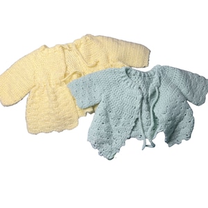 Lot of 2 vintage handmade hand crochet infant baby sweaters green yellow