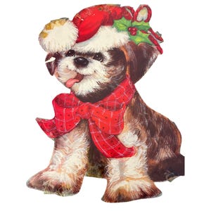 Vintage Eureka Holiday puppy hondje gestanst dubbelzijdig rode strik hoed Holly 15"