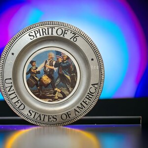 Vintage Historical Wall Shelf Plate Spirit of 76 Pewter with Tile Insert 10.5&quot;